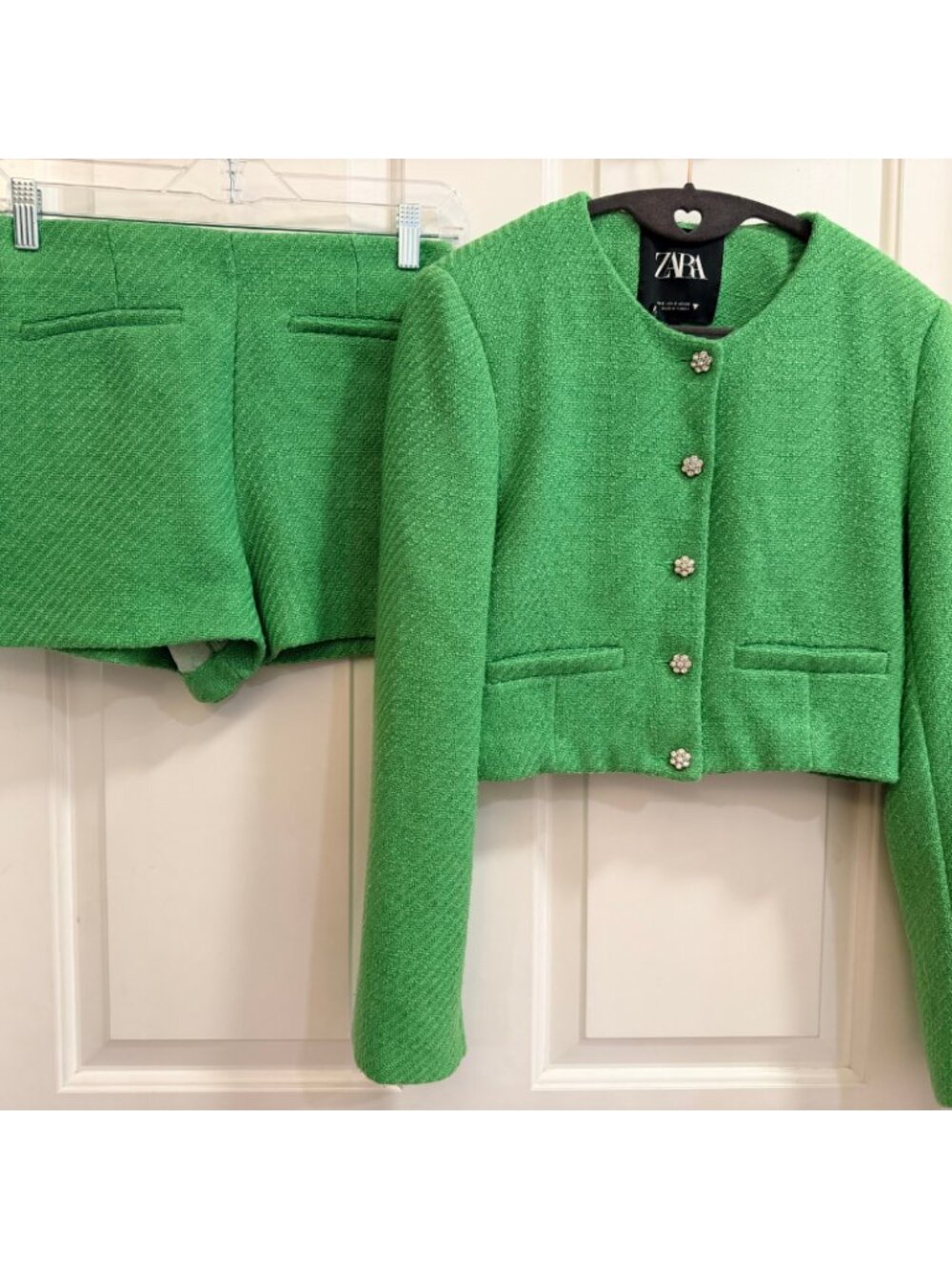 Zara Apple Green Bouclé Jacket & Shorts Set S